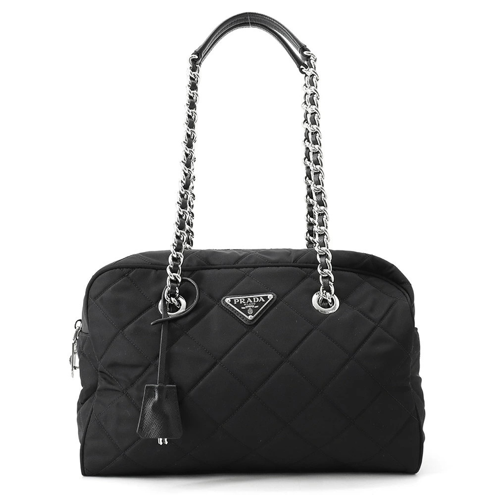 Prada Chain Shoulder Bag Triangle Quilted Black